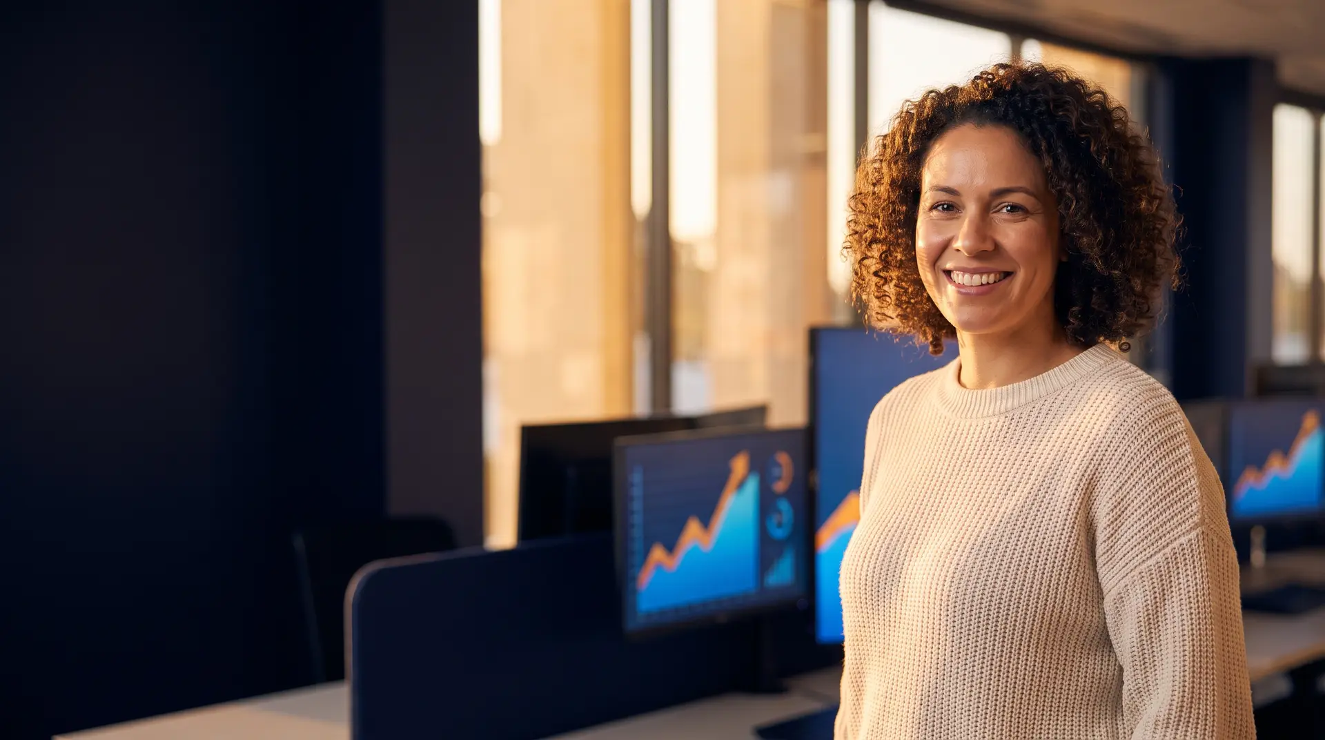A Sydney Google Ads specialist checking live conversion data on the screens behind her, in a Pitt Street office late in the afternoon